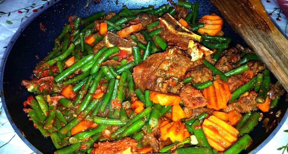 beef stew on a metal pan